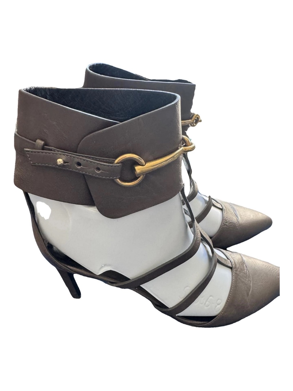 Gucci Brown Strappy Pointed-Toe Ankle Heels With Gold Horsebit